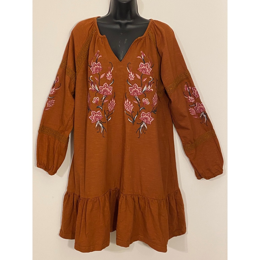 Cupio Rust Brown Floral Embroidered‎ Boho Cotton Mini Dress XL Long Sleeve Tunic